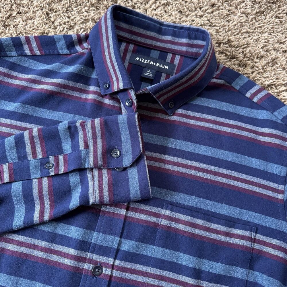 Mizzen+Main City Flannel Shirt Mens Large Blue Striped Trim Fit 1WS-0794
